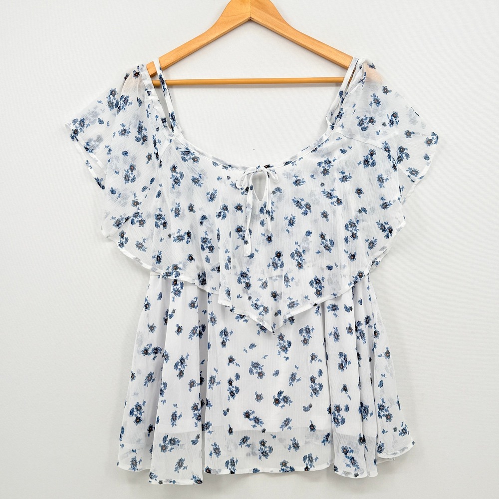 Torrid Floral Cold Shoulder Top Women 0 Large White Blue Ruffle Cottagecore Boho